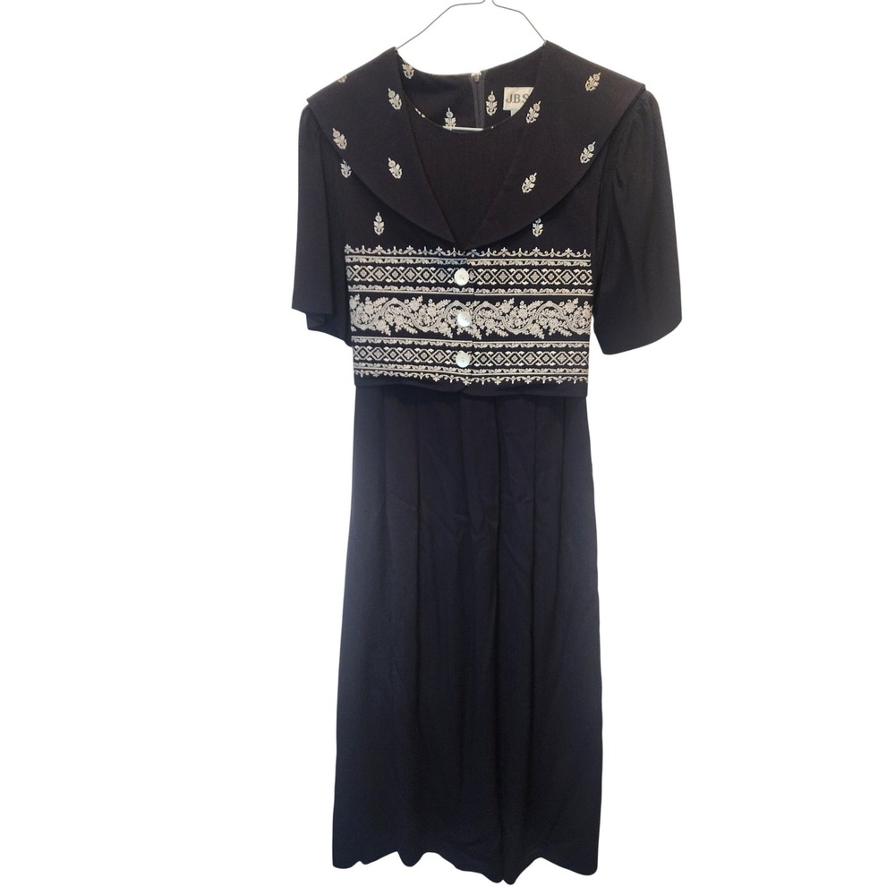 J.B.S. Ltd Vintage Black Embroidered Sailor‎ Collar Midi Dress Womens 10P Petite